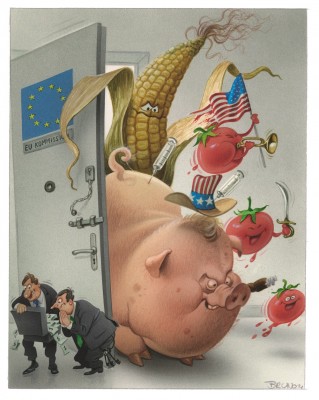 Bild: Bruno Haberzettl, Die EU-Kommission weiß genau, was uns Bürgern zu unserem Glück fehlt! – Unbegrenzter, amerikanischer Ernährungstraum …, 2014 | © Bruno Haberzettl